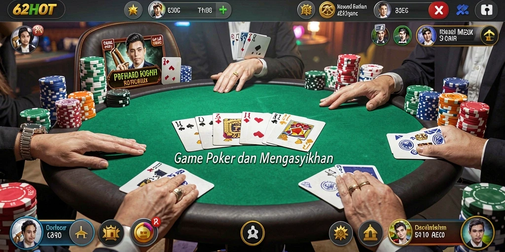Screenshot gameplay 62HOT menampilkan aksi seru permainan poker.