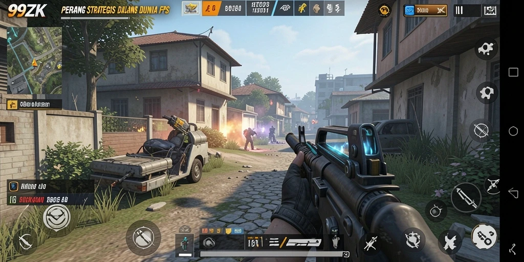 Screenshot gameplay 99ZK menampilkan aksi tembak-menembak yang intens.