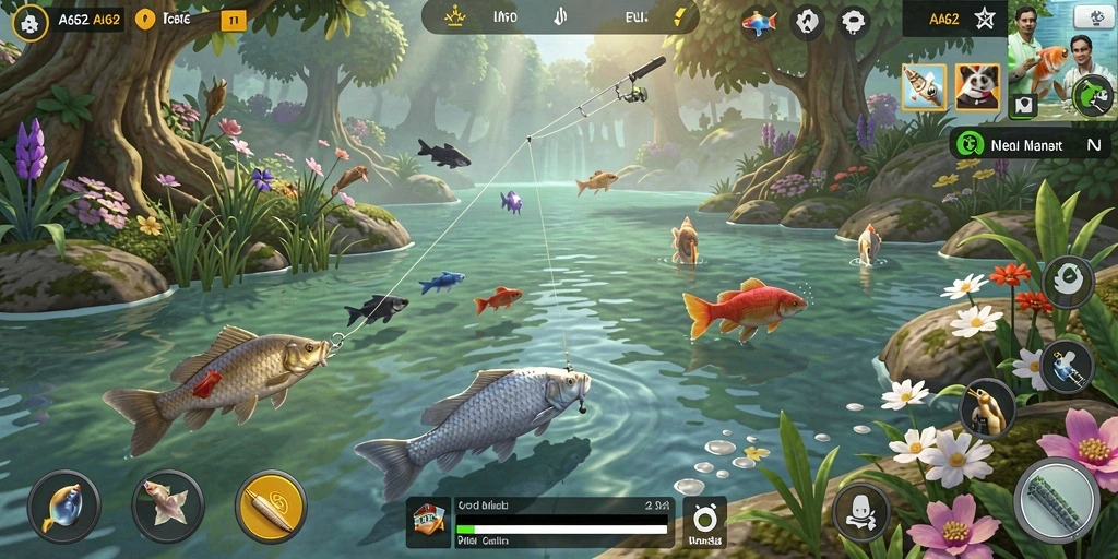Screenshot gameplay AA62 menunjukkan petualangan memancing yang seru.