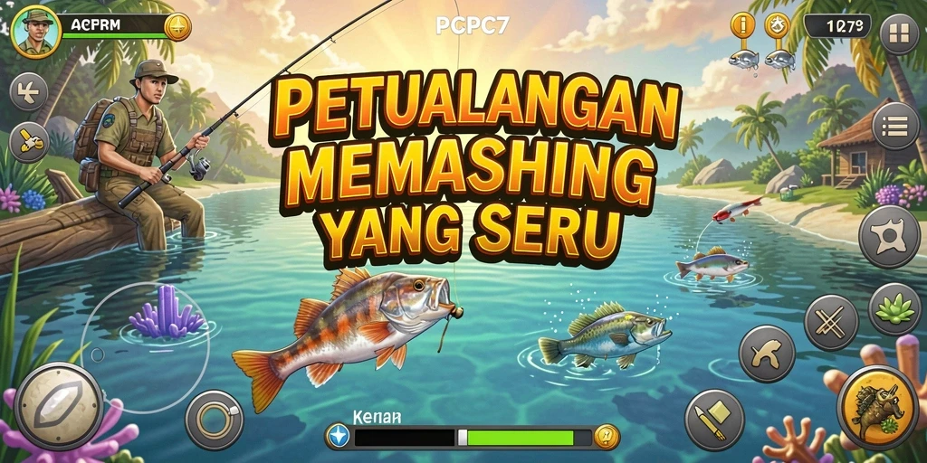 Screenshot gameplay PCPC7 menampilkan suasana memancing yang menenangkan.