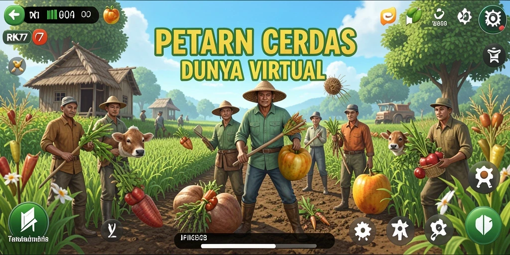 Tangkapan layar gameplay RK77 menampilkan kebun yang rimbun dan aktivitas bertani.