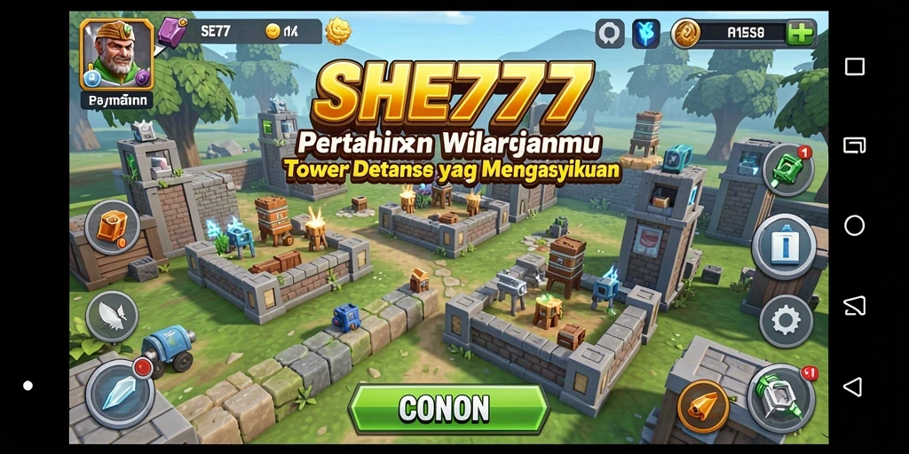 Screenshot dari gameplay SHE777 menunjukkan aksi Tower Defense yang menegangkan.