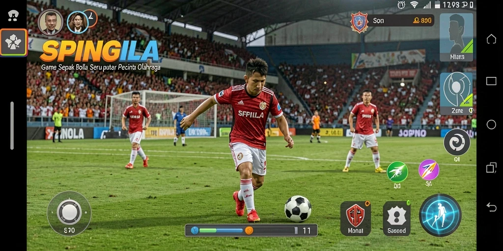 Tangkapan layar gameplay SPINGILA menampilkan aksi seru di lapangan sepak bola.