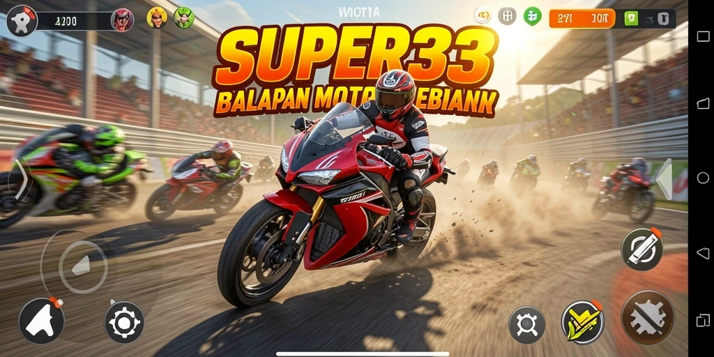Tampilan gameplay SUPER33 yang penuh aksi dan kecepatan tinggi.