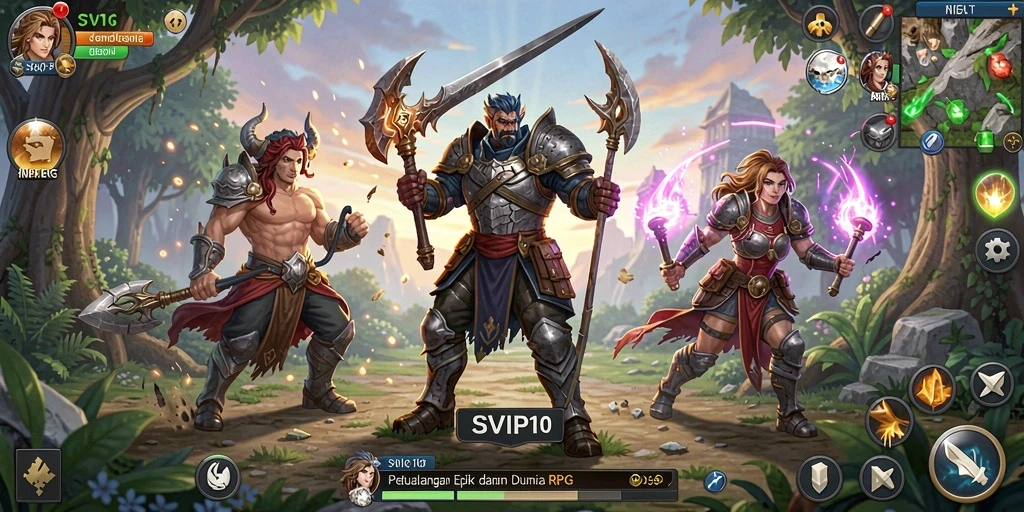 Tampilan utama gameplay SVIP10 menampilkan pertarungan seru dan petualangan RPG.