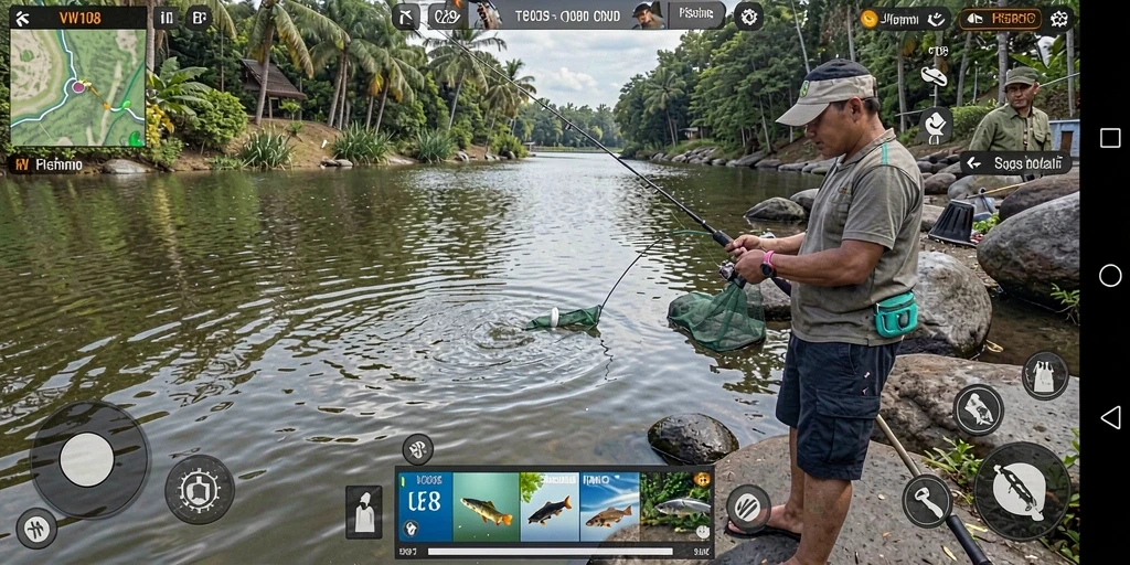 Screenshot VW108 menampilkan pemain sedang memancing di danau yang indah.